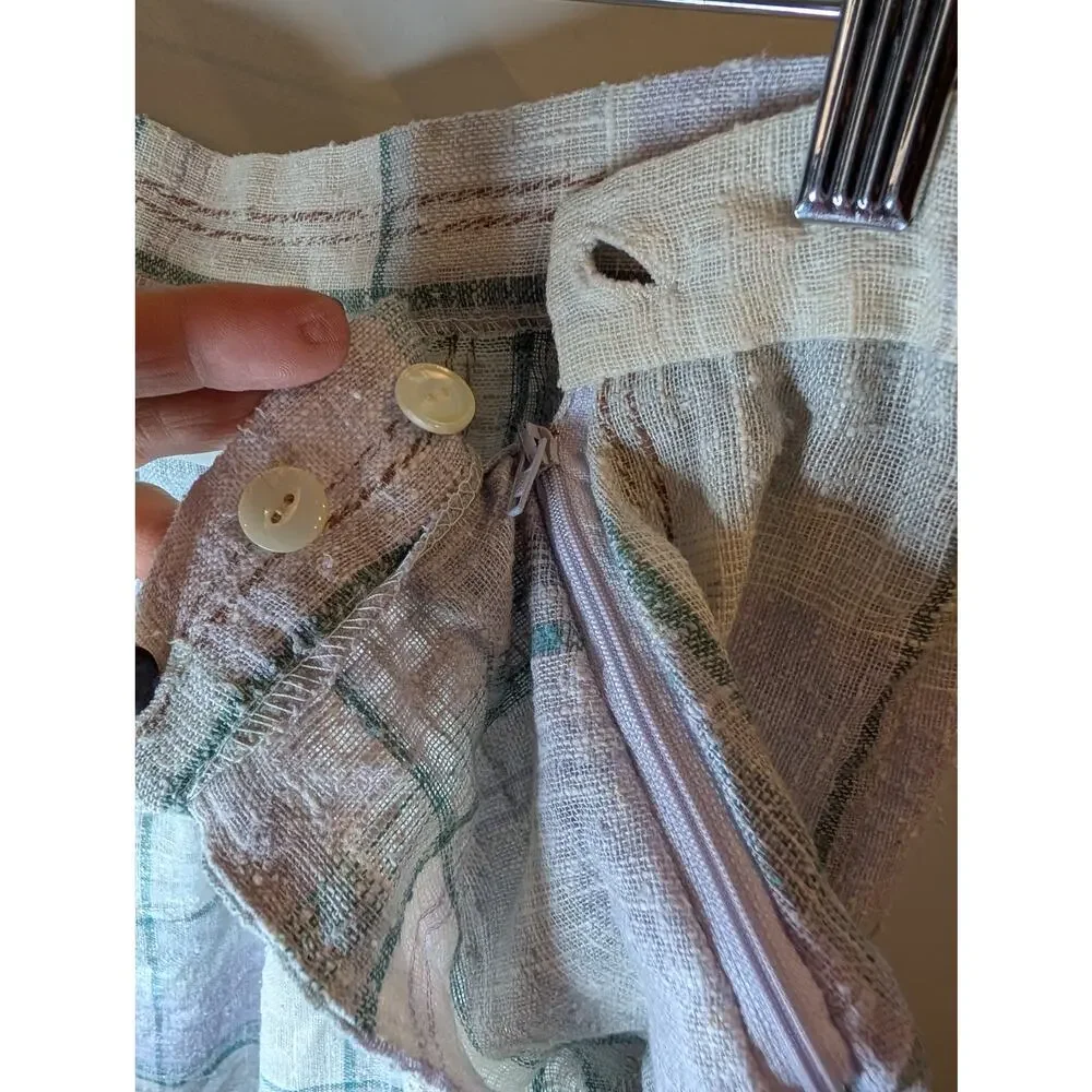 Vintage JCPenney Linen Plaid Pleated Midi Skirt Lavender Green Cream Women Sz 18